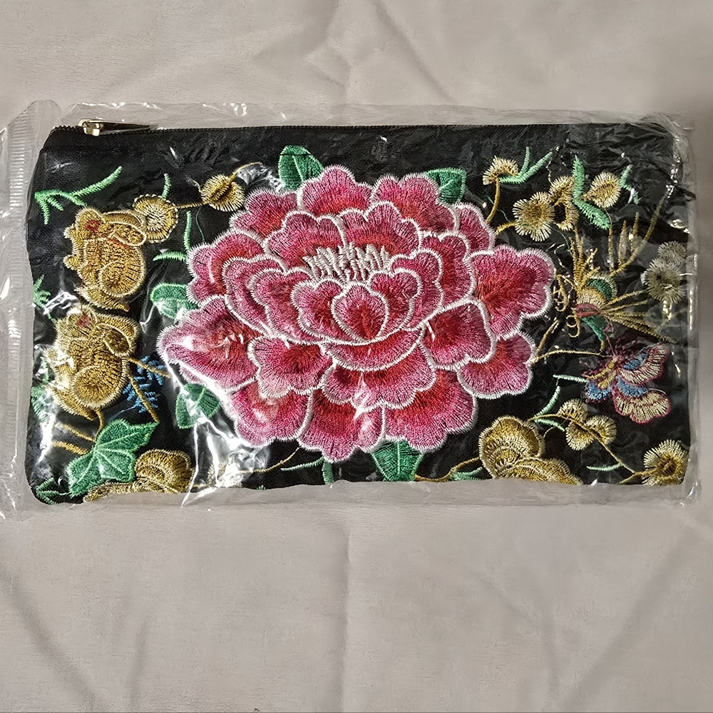 Embroidered Floral Black Wristlet